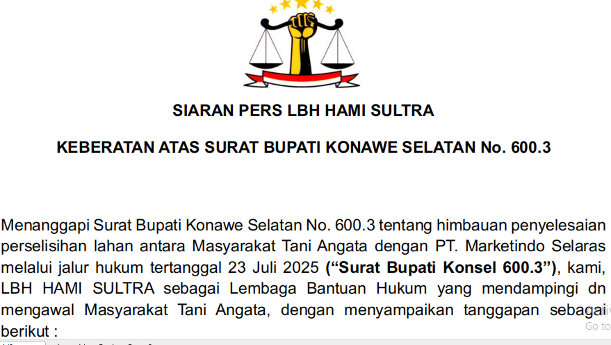 LBH HAMI SULTRA: KEBERATAN ATAS SURAT BUPATI KONAWE SELATAN No. 600.3